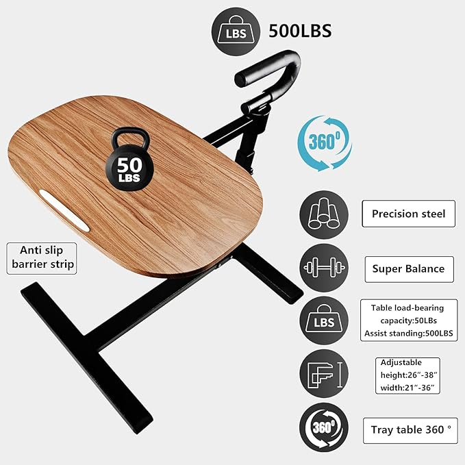 (Black 360° Sofa Rotating Table) Adjustable Swivel Tray Table for Recliner, 360° Rotating TV Tray Table with Support Handle, Built-in Cup Holder & Metal Pen Holder, Height Adjustable Overbed Side Table for Seniors, Sofa, Bed, Eating, Working