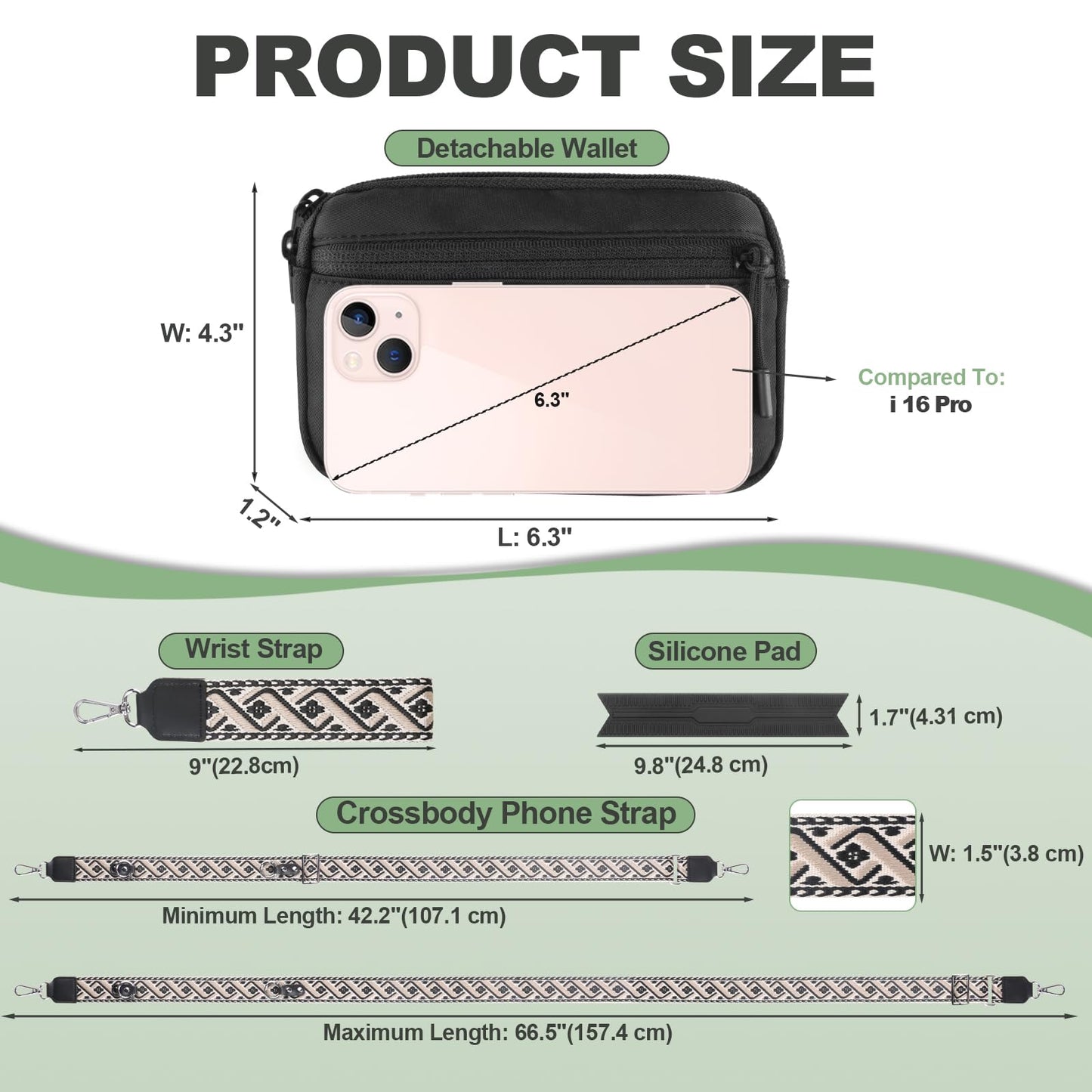 YFWE Clip and Go Strap for Phone with Wallet Crossbody, Adjustable Phone Lanyard with Detachable RFID Wristlet Wallet, Pattern Strap, Black (M)