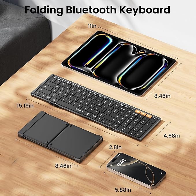 ProtoArc Foldable Bluetooth Keyboard, XK01 Full-Size Portable Wireless Keyboard for Travel, 105 Keys, 0.65" Keycaps, Multi-Device Sync for iPad Tablet Smartphone Laptop PC Windows iOS Android, Black