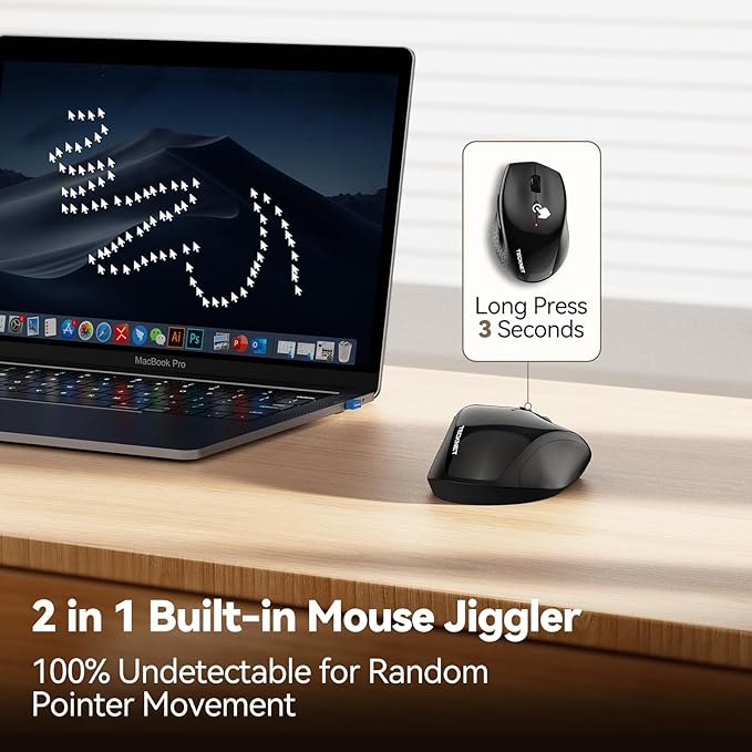 TECKNET Rechargeable Mouse with Jiggler, Plug & Play, 2.4G Connection with USB-C Adapter, Silent Mouse Quiet Click, 6400 DPI Ergonomic Mouse, Cordless Computer Mice for Laptop, Desktop, PC