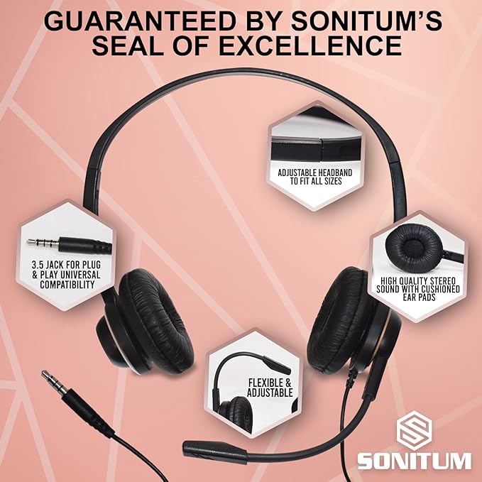 Sonitum Bulk Headsets With Microphone (10 Pack) - Noise Canceling Computer Headset For Office, Meetings, Chat- Comfortable Over-Ear PC Headphones With Rotating Mic- 3.5 Jack For Universal Connectivity