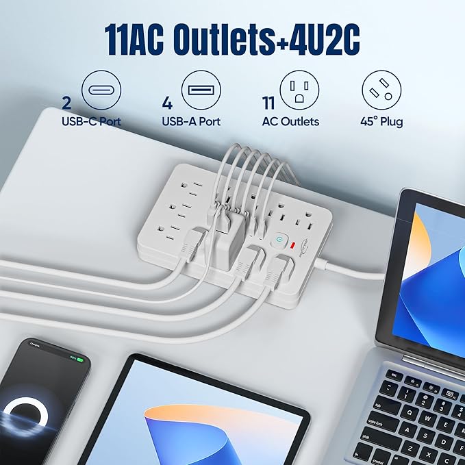JouleLoom 5 FT Flat Plug Surge Protector Power Strip,11 Multiple AC Outlets with 6 USB Ports (2 USB C), 5 Feet Extension Cord, 1250W/10A, One Touch Switch Button, 17 in 1 Compact powerstrip-White