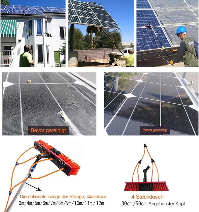 10m Telescopic Window Cleaning Pole & Brush â Extendable Solar Panel Cleaner 50cm Large Brush Head Easy Install Water-fed Equipment for Efficient Cleaning
