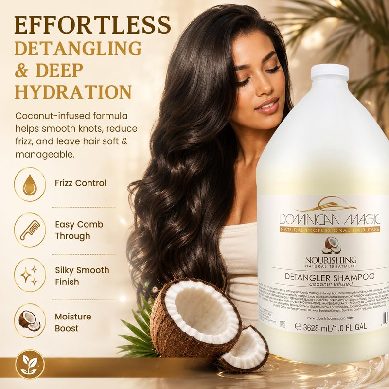 DOMINICAN MAGIC Detangler Shampoo – Coconut Infused (1 Gallon) | Hydrating & Smoothing Shampoo for Dry, Frizzy & Curly Hair | Deep Nourishment & Tangle-Free Finish
