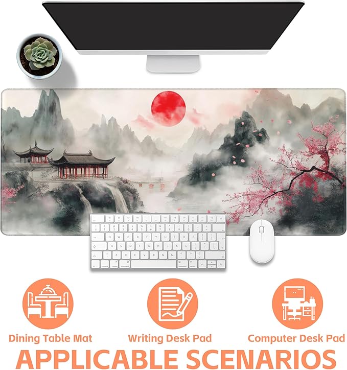 NIYLYNSYN Mouse Pad Large Chinese Landscape Painting Non-Slip Game Desk Mat with Stitched Edge Laptop Keyboard Desk Pad for Work Home Gaming (35.4 x 15.7 Inches)
