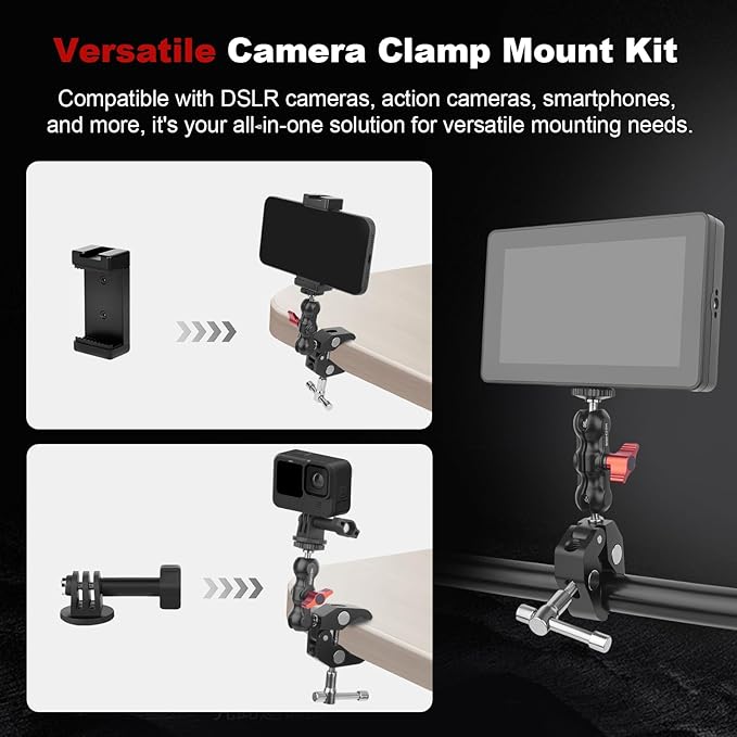 Mechrig Camera Clamp Mount with Dual Ballhead Magic Arm, Aluminum Camera Mount Super Clamp Kit for DSLR Action Camera/Phone/Monitor/LED Light/Microphone, for Desk/Tripod/Tube/Crossbar (SY001)