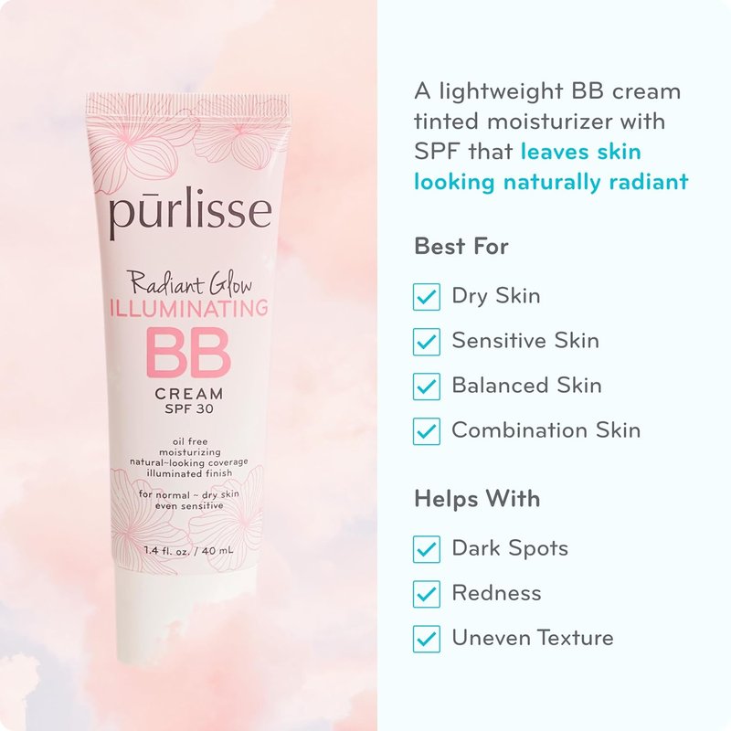 Pūrlisse Radiant Glow BB Cream with SPF 30 - Illuminating Formula with Goji & Hawthorn Berry for Dewy Skin | Fair (1.4 oz)