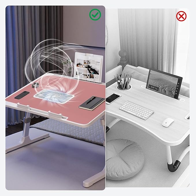 iXTRA Laptop Lap Desk Include Cooling Fan,Adjustable Lap Desk with Light Fan,Folding Laptop Desk for Bed with USB,Bed Desk with Storage Drawer 56x32cm,Pink
