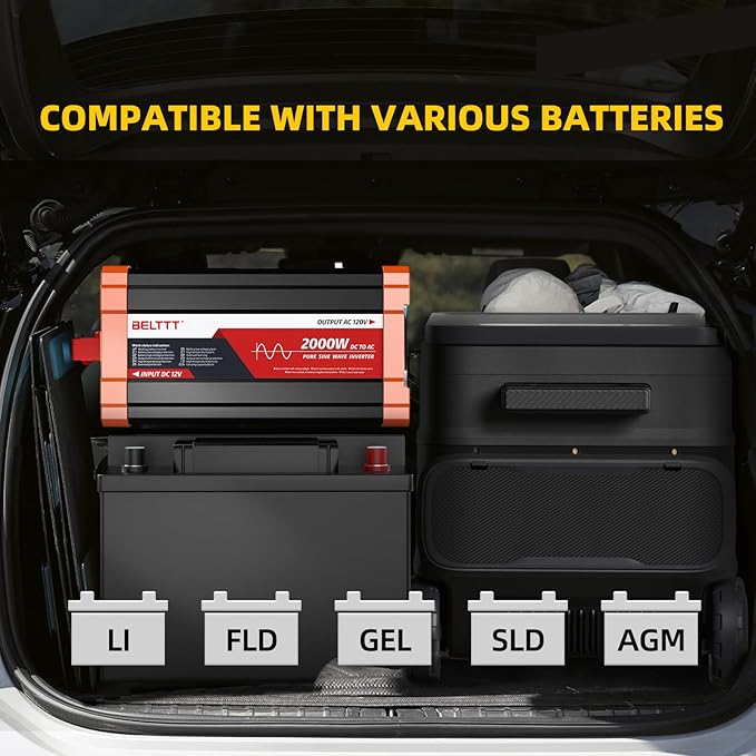 BELTTT 2000W Pure Sine Wave Inverter, Inverter 12V DC to 120V AC for Solar, RV, Truck, Outdoor, Power Inverter with Dual AC and 20A Socket, 5V 2.1A USB, Surge 4000W, Hardwire Port, Remote Controller