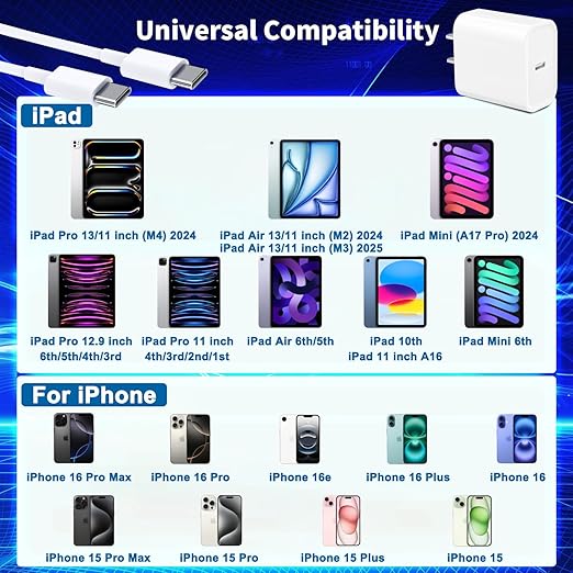[3 Pack] Long 10FT iPhone 17 Charger 20W Fast Wall Charger Block,[Apple MFi Certified] 10Foot USB C Cable Fast Charging for iPhone 17 Pro Max/17 Pro/Air/iPhone 16 Pro/16 Plus/16E/15 Pro,iPad 2018-2025