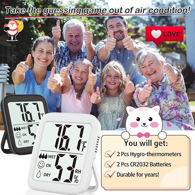 Antonki 2 Pack Room Thermometer for Home, Hygrometer Indoor Humidity Meter Gauge, Digital Temperature and Humidity Monitor Sensor for House, Terrarium, Incubator, Greenhouse - Battery Included