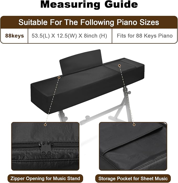 Explore Land 88 Keys Digital Piano Dust Cover with Music Stand Opening and Pockets - Waterproof Leatherette Electronic Keyboard Cover Fits for Most Piano(Black)
