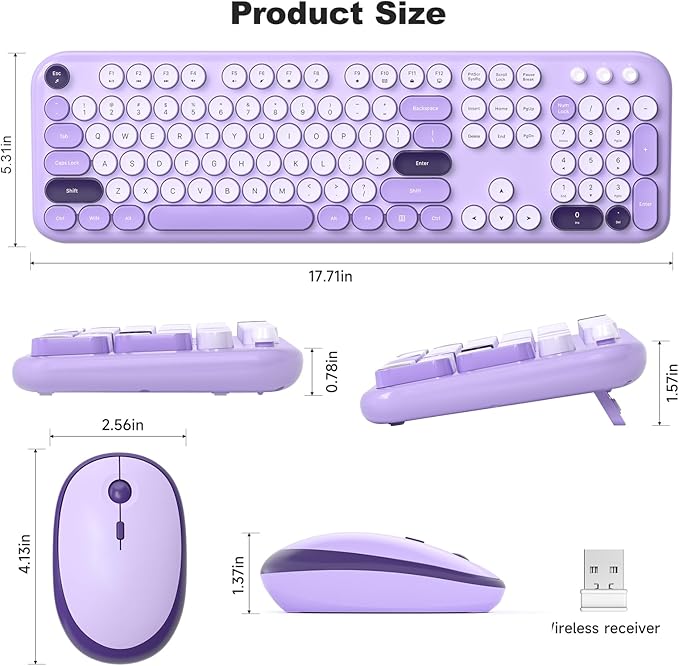 KNOWSQT Wireless Keyboard and Mouse Combo - Lovely Violet 2.4G Full-Sized Colorful Keyboards, Round Keycap USB Dongle Plug Play Cute Keyboards for Windows, Laptop, PC, Desktop, Mac
