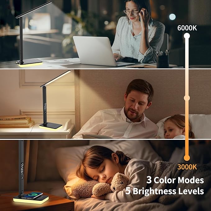 oviouit LED Desk Lamp for Home Office, USB Charging Port, Reading Lamp Desk Light with 5 Brightness, 3 Colors, Table Lamp with Clock, Alarm, Date, Temperature, Desk Lamp for College Dorm Room (Black)