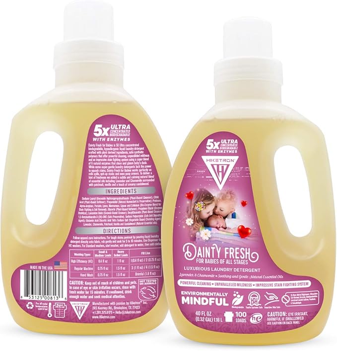 Hiketron Dainty Fresh For Babies Liquid Laundry Detergent, 5x Ultra Concentrated, Tough Stains Remover, Long Lasting Scent (80 Fl Oz, Pack of 2)
