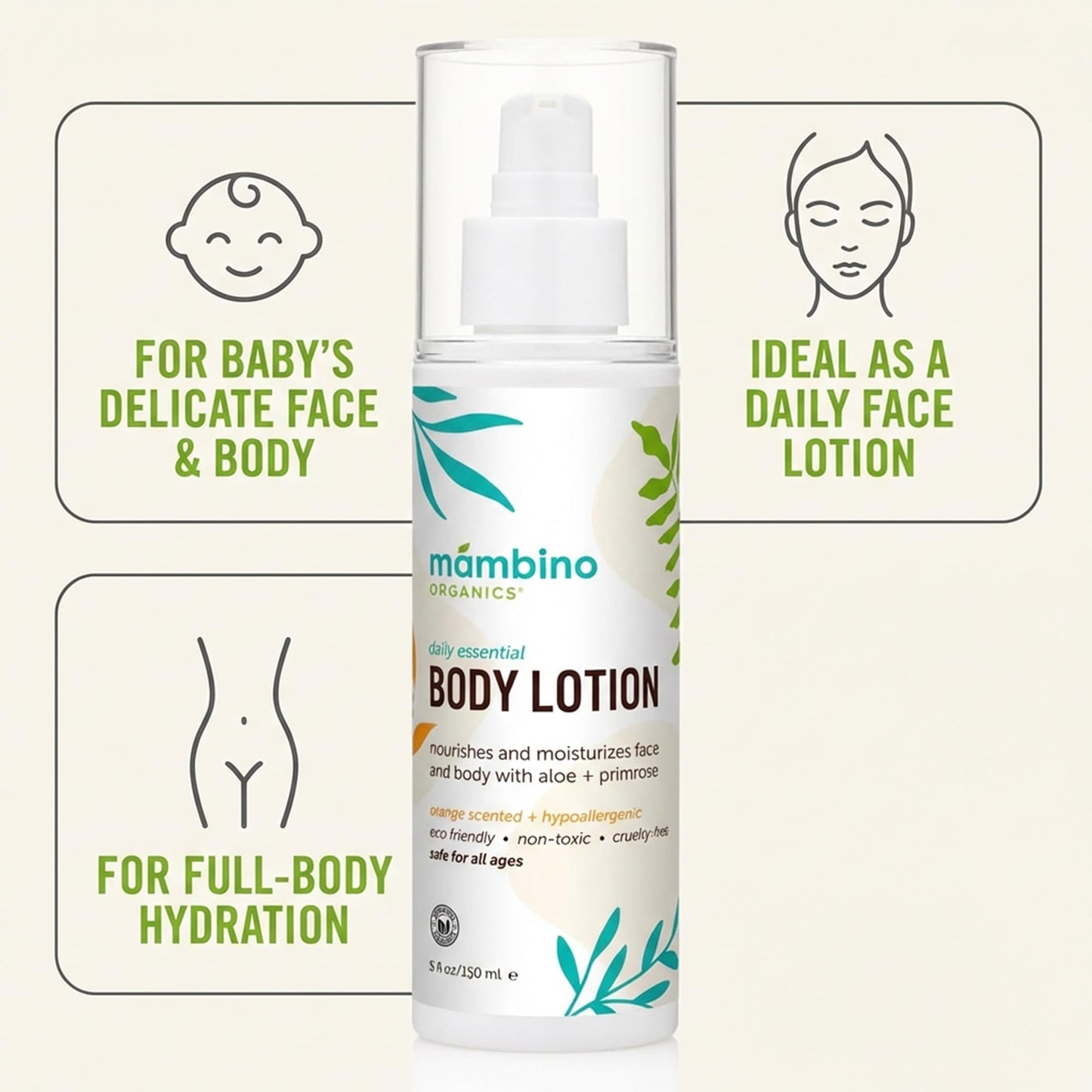 Mambino Organics Daily Essential Face & Body Lotion, Hydrating Body Lotion with Coconut, Aloe & Tamanu Oil, Lightweight Moisturizer for Dry Skin, Vegan & Cruelty-Free Skin Care, 5 fl oz (3-Pack)