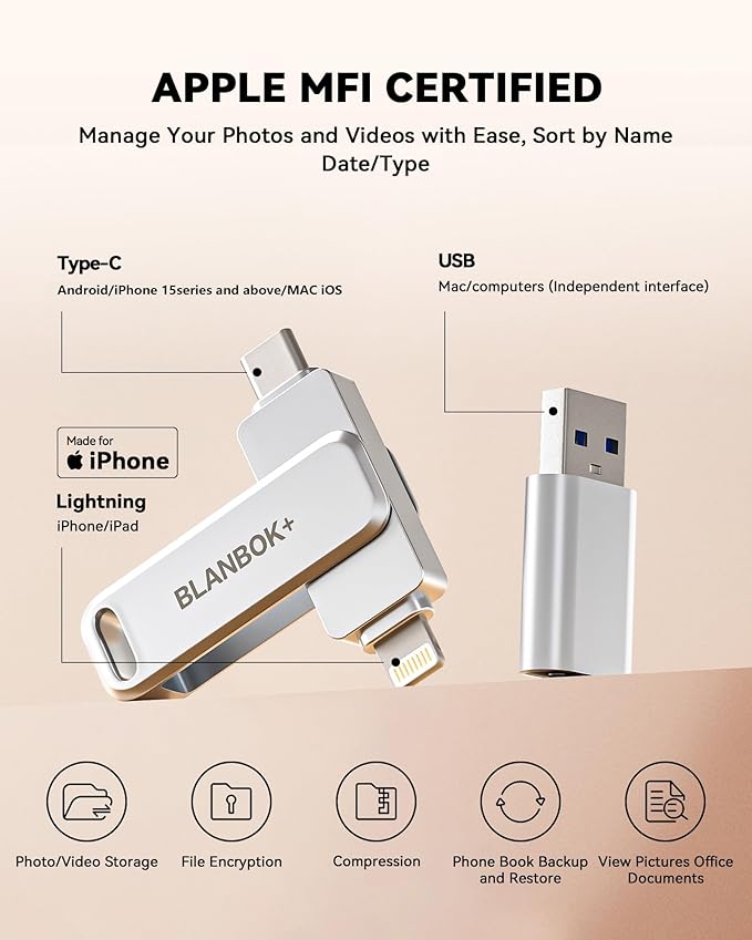 BLANBOK+ MFi Certified 256GB Flash Drive for iPhone Photo Stick, USB Thumb Drive Memory Stick High Speed USB Drive Photo Storage for iPhone USB Stick Compatible for iPhone/iPad/Android/PC, BLA232