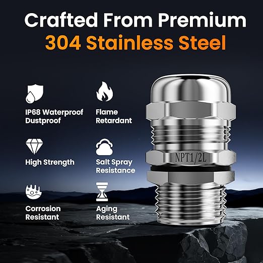 QILIPSU 10pcs 1/2" NPT 304 Stainless Steel Cable Gland Waterproof IP68 Metal Strain Relief Cord Grip Cable Long Thread Pass Through Wire Connector