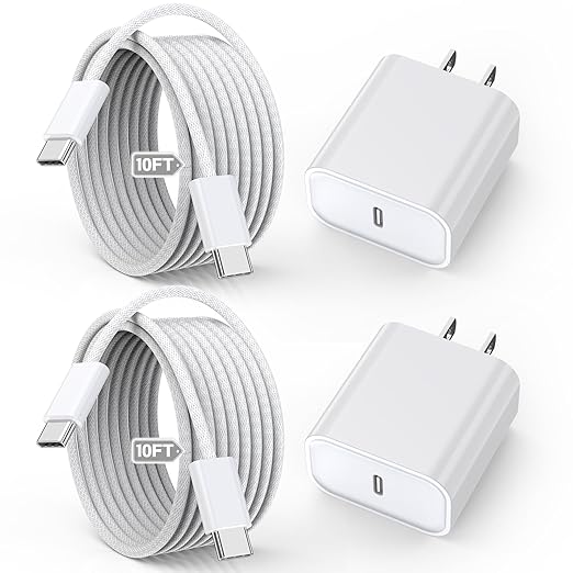 10FT Apple iPhone 17 16 15 Charger, 2-Pack Extra Long 10Foot USB C to Type C Charging Woven Cable Cord 20W USB C Charger Block Cube Super Quick Charging for iPhone 17 16 15 Pro/Plus/ProMax,iPadPro/Air
