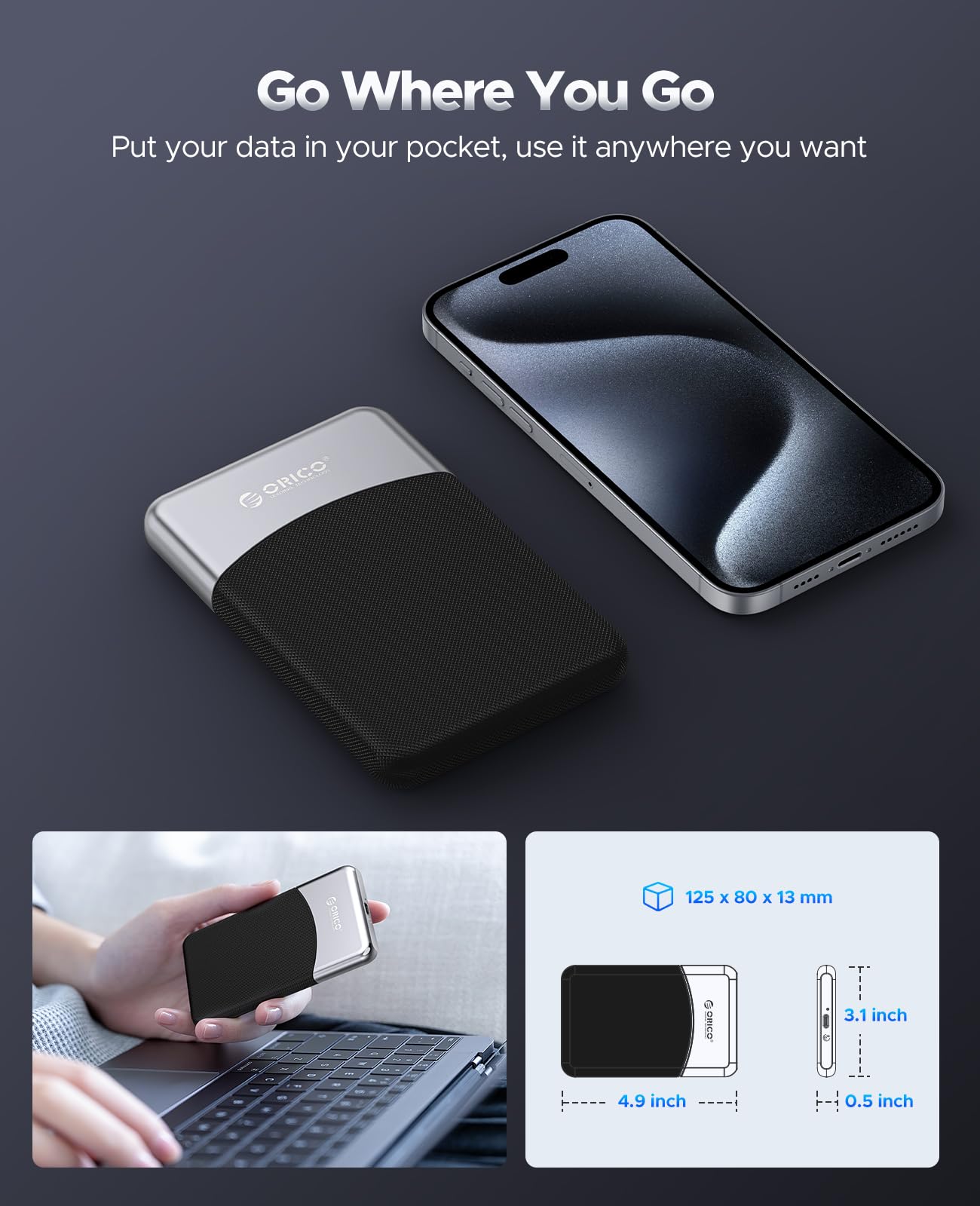 ORICO 1TB External SSD with 2 in 1 USB C Cable, Portable Solid State Drive USB 3.2 Gen 1 Up to 460MB/s, Dust and Drop Resistance, Reliable Storage for USB-C Smartphone, PC, Tablet, Labtop - M25PRO