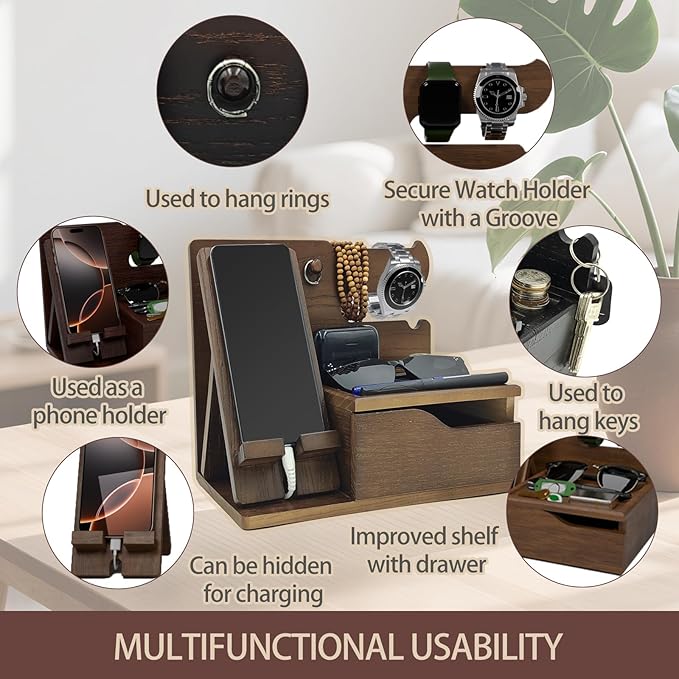 UUyuality 3-in-1 Wood Phone Docking Station Organizer with Drawer & Hidden Charging Hole for Phone, Keys, Glasses & Accessories, for Men (WALNUT, 01)