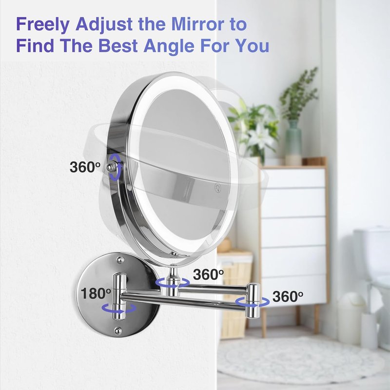 Wall Mounted Lighted Makeup Mirror - 8.5 Inch Double-Sided with 1X/15X Magnification | Chrome Finish for Vanity and Bathroom