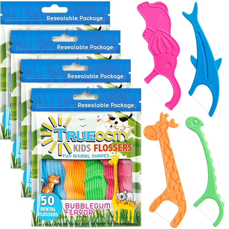 Kids Flossers 4 Pack (200 Count) – Fun Animal-Shaped Floss Picks for Kids, Bubble Gum Flavor, Easy Glide Between Teeth, Helps Prevent Tooth Decay & Gum Disease