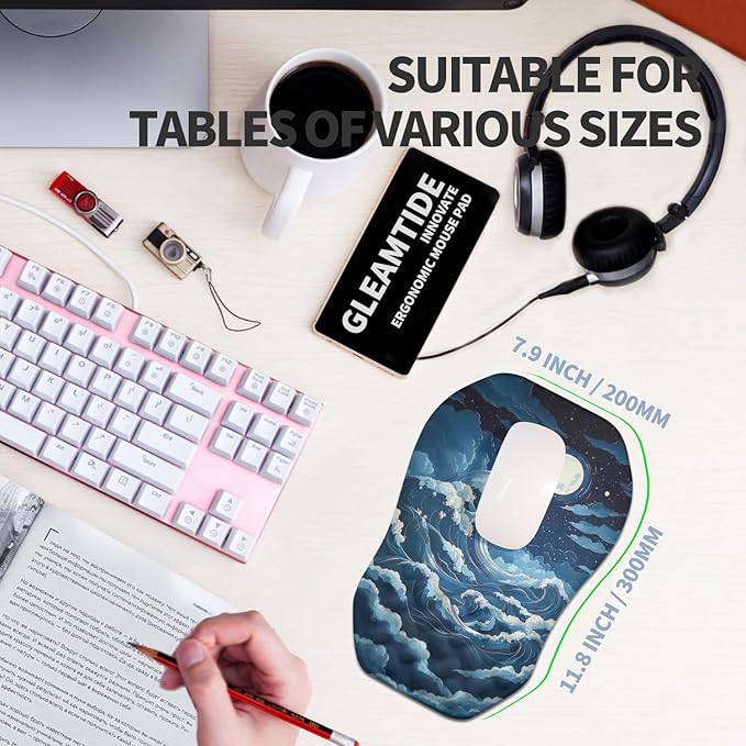 Gleamtide Ergonomic Raised Mouse Pad Wrist Support with Bilateral Slope Memory Foam Mousepad for Wrist Rest and Carpal Tunnel Pain Relief 11.8x7.9〃Indigo Fury Wave