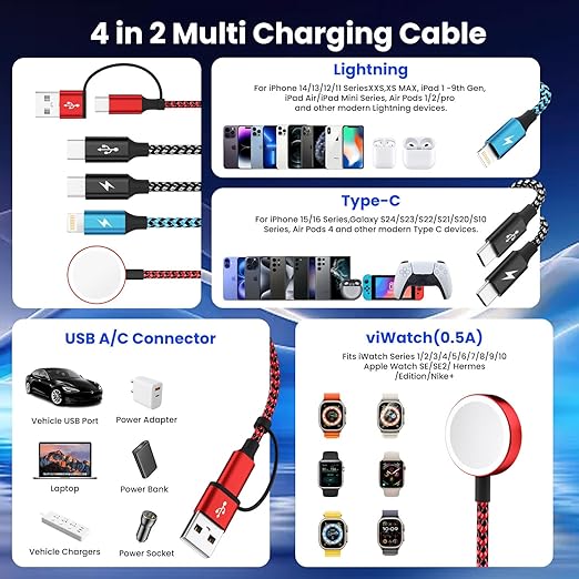 Travel Essentials Dual Type-C Port 4 in 2 Multi Charging Cable for iWatch Charger/iPhone 17/IP, Cruise Vacation Camping Essentials 2026 for iWatch 11-2/Ultra,iPhone 17-8, GalaxyS26-S21,Car -2Pack,5FT