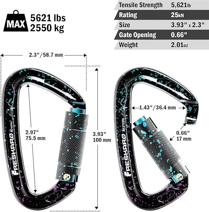 FresKaro UIAA Certified 25KN Auto Locking Climbing Carabiner Clips, Twist Lock, and Heavy Duty Carabiners for Rock Climbing, Rappelling, and Mountaineering, D Shaped (3PCS-Speckled)