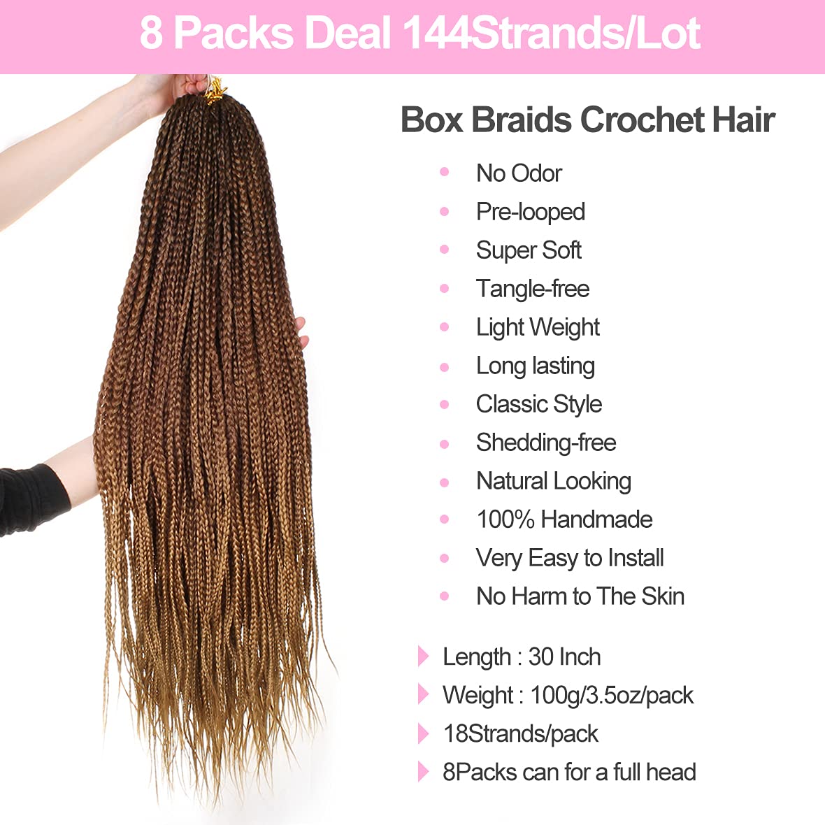 Unionbeauty 8Packs 30Inch Goddess Box Braids Crochet Hair Pre-looped Knotless Box Braids Medium Hair For Black Woman Crochet Braids Hair Synthetic Ombre Braiding Hair Extension 18Strands/Pack #53
