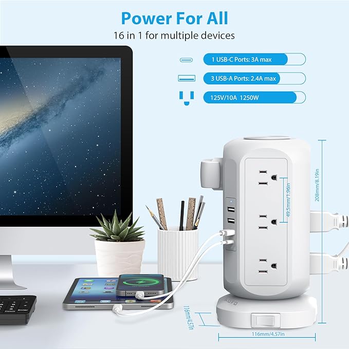 Tower Power Strip Flat Plug with 12 Outlets 4 USB(1 USB C),AOFO Power Strip Charging Station with Overload Protection, Widely Spaced Multiple Outlets 10Ft Extension Cord for Home, Dorm,Office