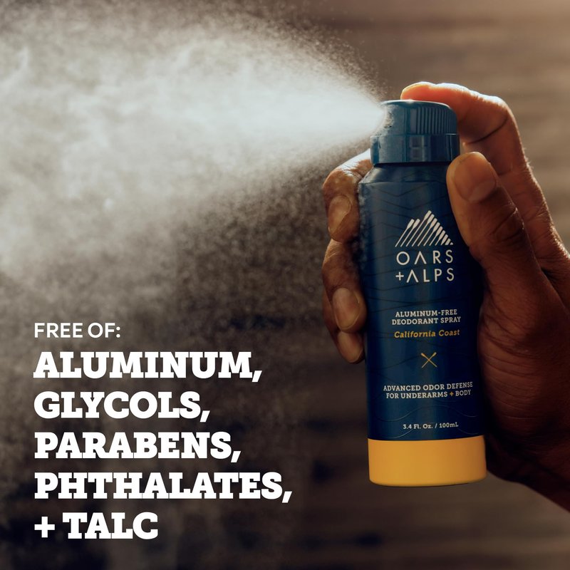 Oars + Alps Full Body Deodorant Spray for Men & Women, Aluminum Free Deodorant Spray, Dermatologist Tested, Extra Strength, Travel Size, Long Lasting, Odor Protection, California Coast, 3pk