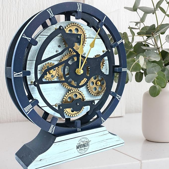 ImprovingLife The Gears Clock Desk Clock 10 inches with Real Moving Gears Convertible into Wall Clock (White Farmhouse)