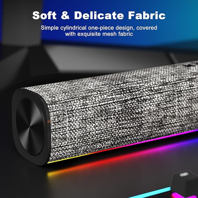 SOULION R100 Bluetooth Computer Speakers with Dynamic LED Light, USB Plug & Play PC Speakers with Switch Button, Clearly Sound Soundbar for Desktop Laptop Monitor Grey (USB-C to USB Adapter Included)