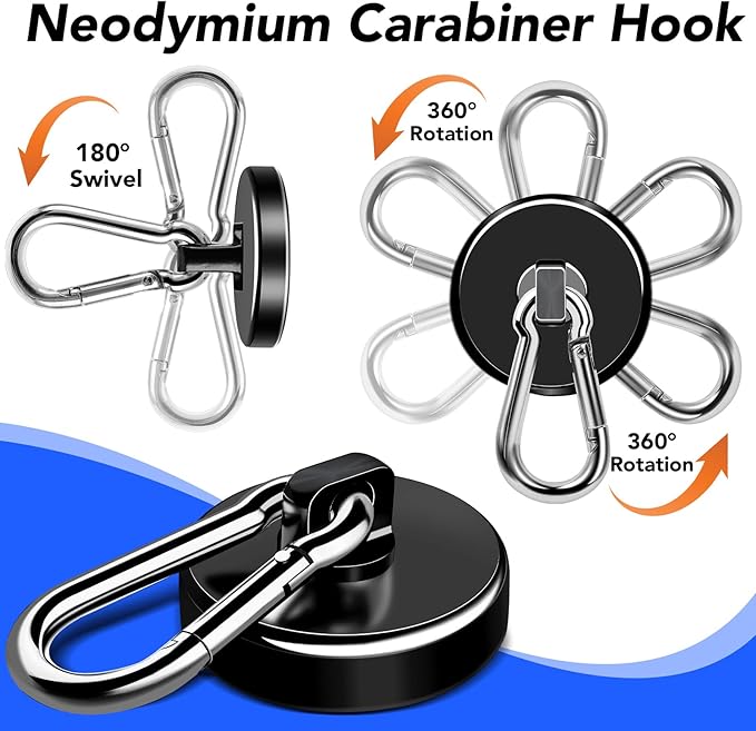 LOVIMAG Magnetic Hooks, 150LBS Strong Magnet Hooks Black Swivel Magnetic Hook Heavy Duty for Refrigerator, Neodymium Magnets with Carabiner Hook for Hanging, Kitchen, Cruise Cabins, Grill-6 Pack