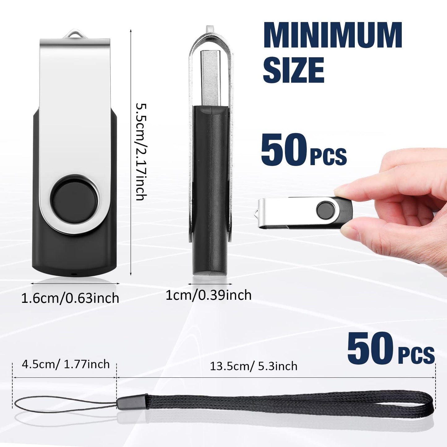 Aoriher 50 Pack USB 2.0 Flash Drives Bulk, Portable USB Thumb Drives with Lanyards, Swivel Flash Drives Thumb Drives for Office School Data Storage(Black,512mb)