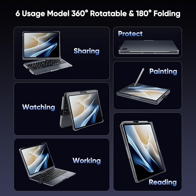 doqo Keyboard case for iPad Air 11 inch(M4/M3/M2),iPad Pro 11(4th,3rd,2nd,1st Gen),iPad Air 5/4th Case with Keyboard 360° Rotatable with Trackpad 7 Color Backlight Pencil Holder(Gray)
