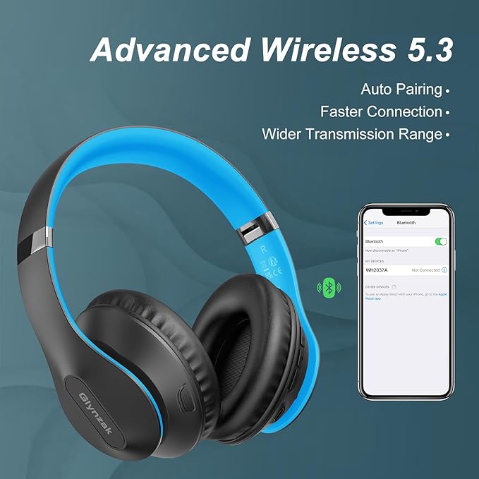 Glynzak Wireless Bluetooth Headphones Over Ear 65H Playtime HiFi Stereo Headset with Microphone and 6EQ Modes Foldable Bluetooth V6.0 Headphones for Travel Smartphone Computer Laptop
