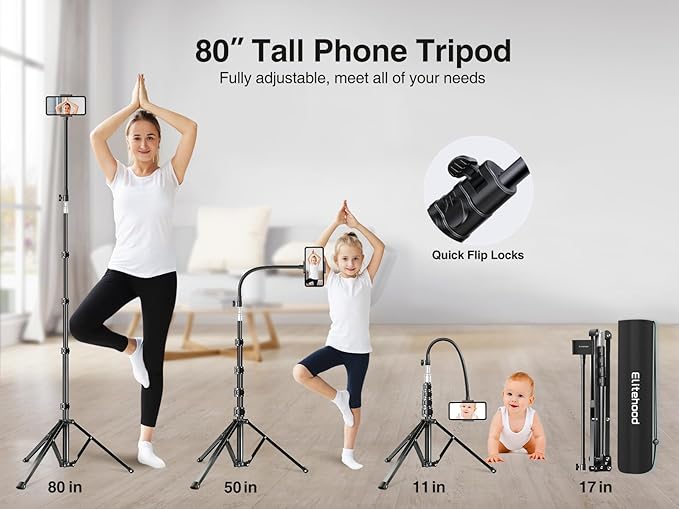 elitehood 80” Tall Phone Stand Tripod, Floor Phone Recording Holder, Heavy Duty Adjustable iPhone Tripod Stand Compatible with iPhone 15 14 13 12