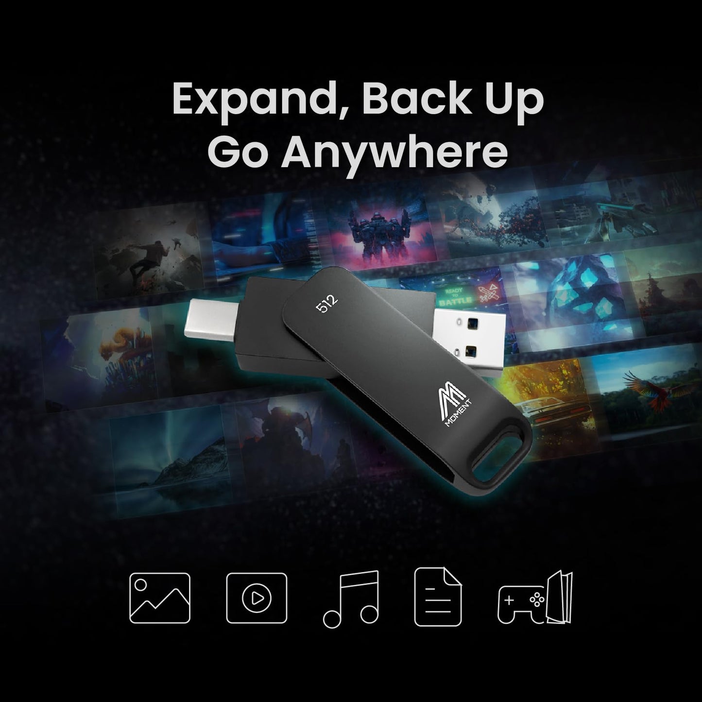 MMOMENT 512GB MU P50 External SSD – USB-C & USB-A Compatible, Portable USB 3.2 5Gbps SSD, 530MB/s Read, 480MB/s Write, Sustained 110MB/s – Works with iPhone-15+, Android, PS5, Steam Deck, PC