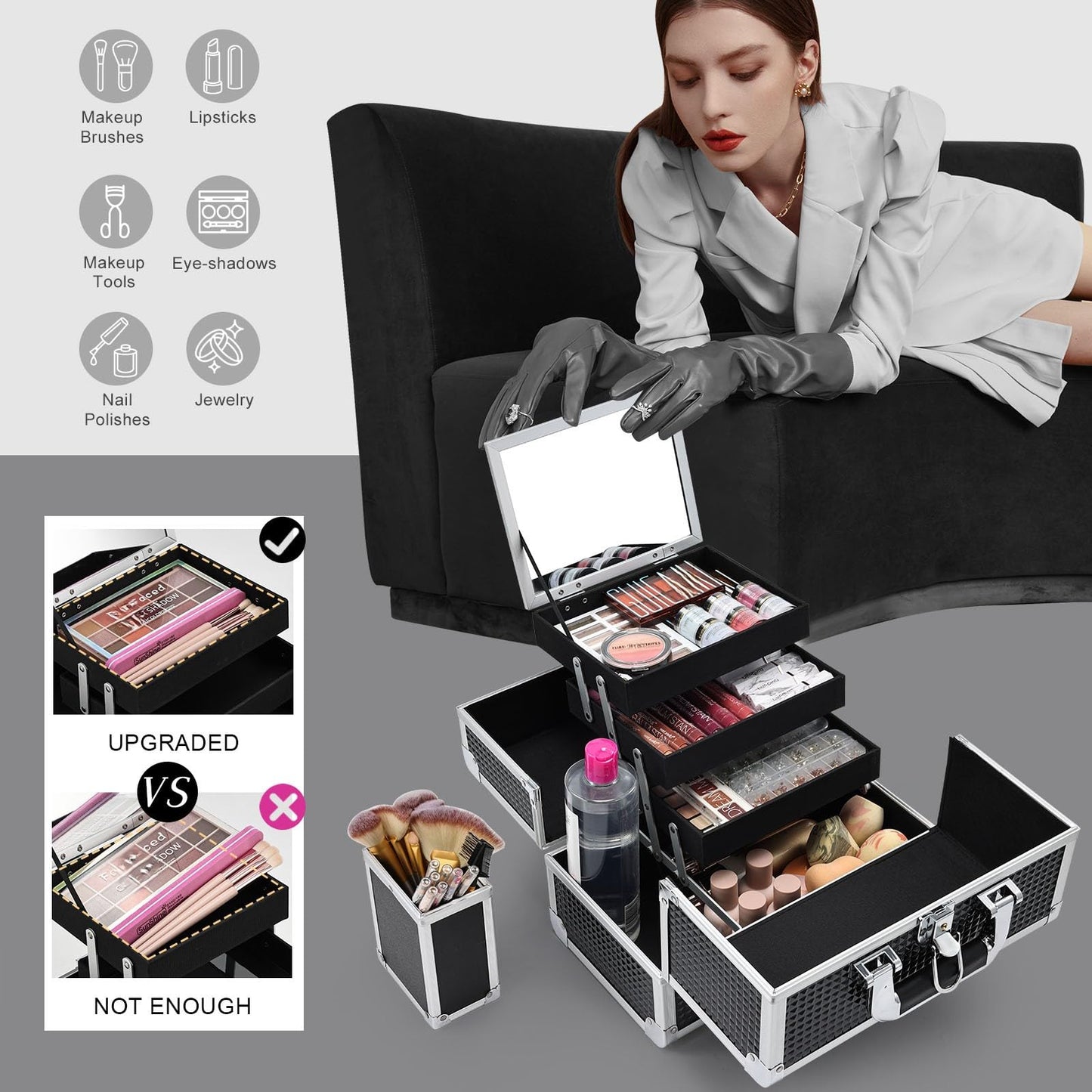 Joligrace Makeup Train Case Cosmetic Box 11.6 Inch Jewelry Organizer Professional 3 Tiers Trays with Mirror and Brush Holder Lockable Key Portable Travel - Rose Gold