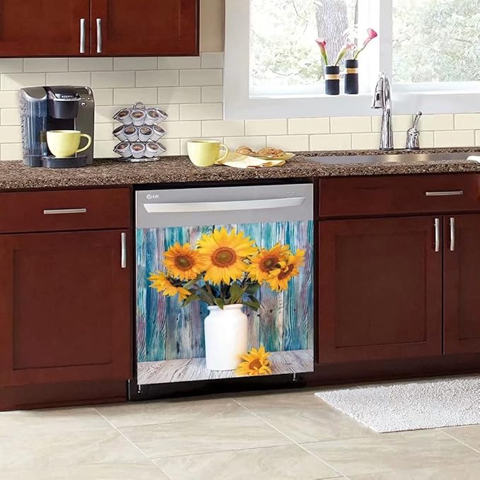 Colorful Wooden Background Kitchen Dishwasher Front Door Cover Decor, Vase Sunflower Fridge Panels Decals Vinyl Cover, Ordinary 23"x17"INCH