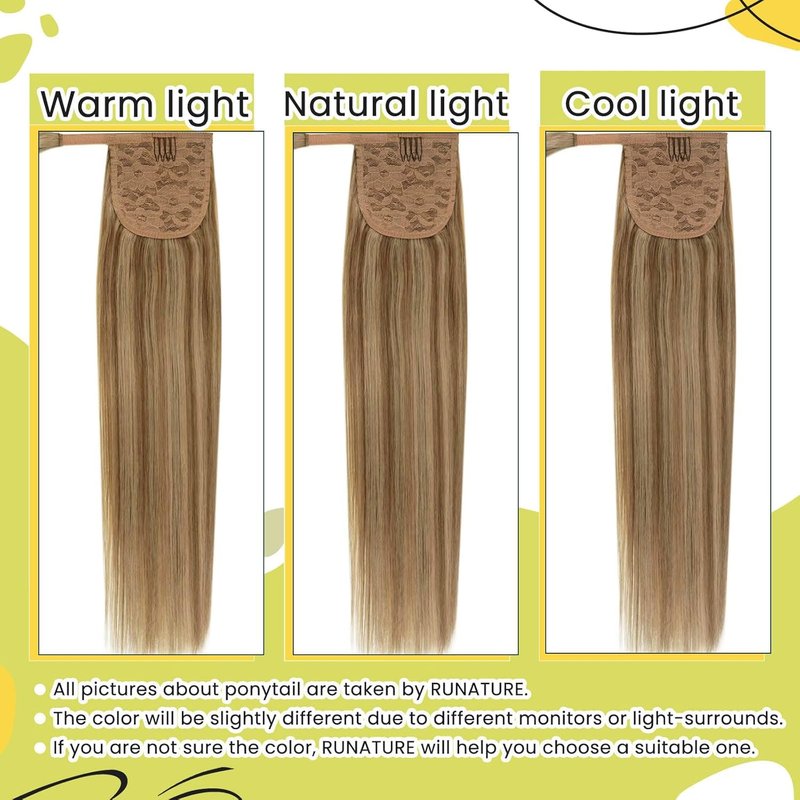 RUNATURE Human Hair Ponytail Extension Blonde Ponytail Hair Extension Dark Blonde Highlight Caramel Blond Short Ponytail Human Hair Extensions Straight Pony Tails Hair Extension 12 Inch 70g