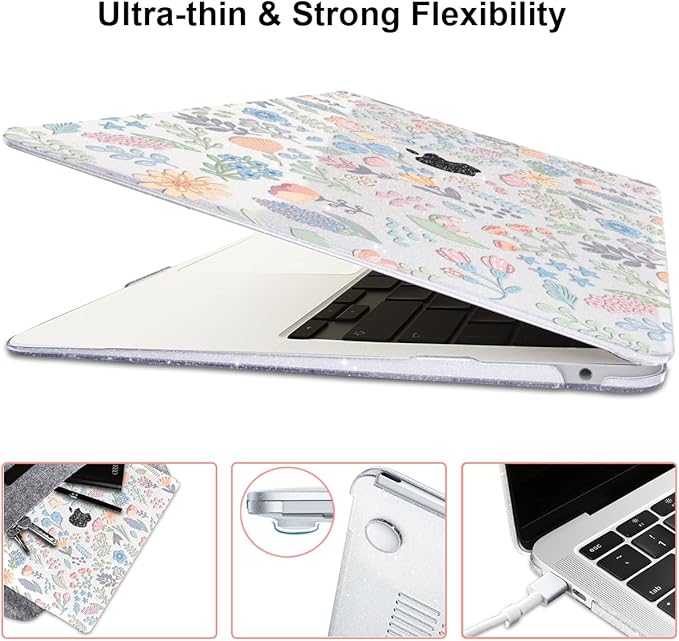 LCMOCICO for MacBook Pro 13 inch Case 2022 2021 2020-2016 Release M2 M1 Chip A2338 A2251 A2289 A2159 A1989 A1706, Shiny Pattern Plastic Hard Shell Case Keyboard Cover Screen Film, Starry Sky Flowers
