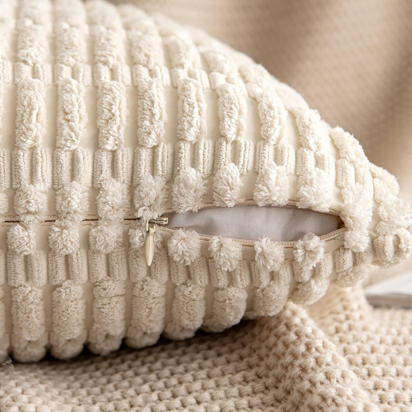 MIULEE Corduroy Throw Pillow Covers - Soft Boho Striped Design | 12x12 Inch Cream White Decor for Sofa & Couch