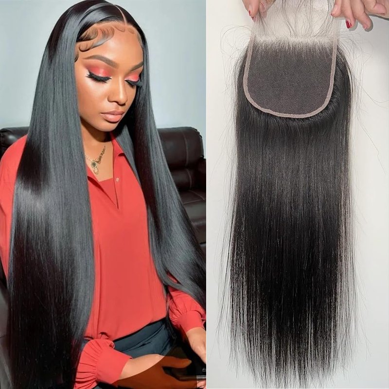 4X4 Straight HD Lace Closure Human Hair Extensions 12A Brazilian Virgin Remy 100% Unprocessed Human Hair Frontal Free Part Closure Only Pre Plucked With Baby Hair Natural Black 18 Inch