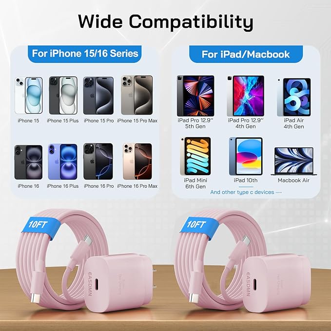 30W USB C i Phone 17 16 15 Charger Fast Charging, 2PACK Wall Charger for iPhone 16 15 Pro Max Charger Cord 10FT Fast Type C Block for iPhone 17 Pro Max/17 Air/16/15 Plus/15 Pro Max,i Pad Pro, Pink