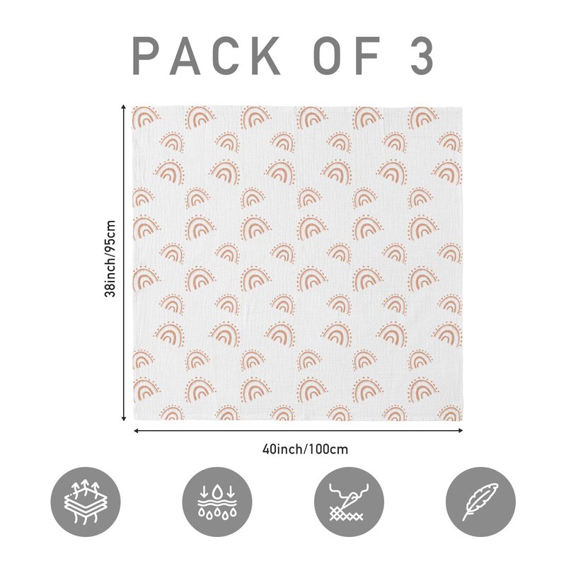 Muslin Swaddle Blankets for Newborn, 3 Pack Breathable Soft Receiving Blanket, Large 38 x 40 inches Swaddle Wrap Burping Clothes Diapers, Essentials Infant Shower Items, Toddler Gift (Rainbow & Grid)