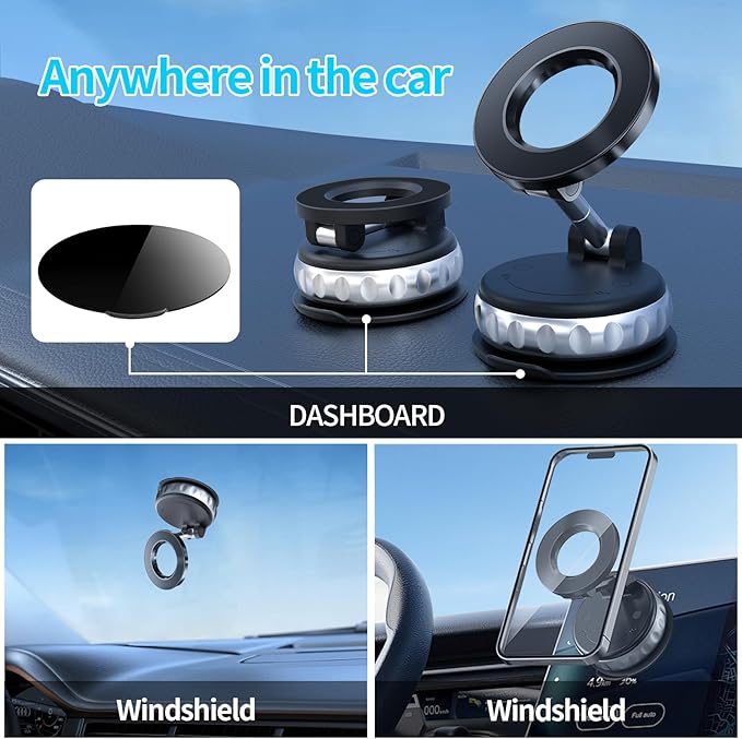 BomSaluka Vacuum Suction Magnetic Phone Holder, 2025 Upgraded Foldable Retractable Magnet Suction Cup Phone Mount for Car, 360° Adjustable Magnetic Phone Stand for Cars/Gyms/Mirrors/Smooth Surface